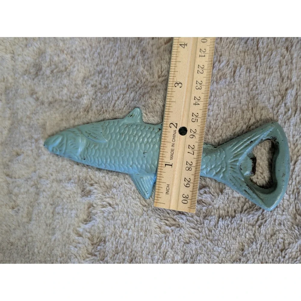 Vtg Style Painted Cast Iron Fish Bottle Opener Blue Aqua Nautical Bar Tool